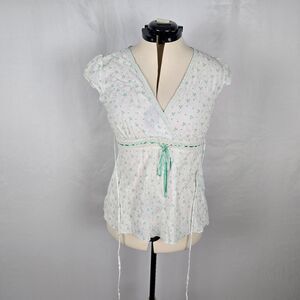 Gemini Blouse Women's XL White Green Floral Embordering Front & Back Ties Wrap